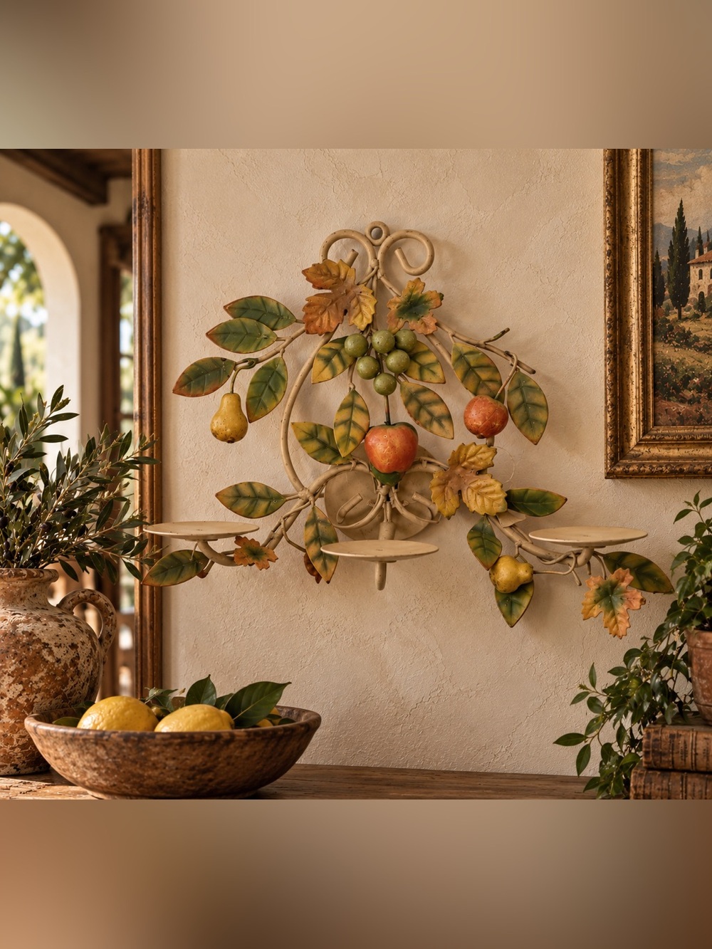 Vintage Decoline Italian Style Fruit Candelabra Candle Holder Wall Hang Sconce